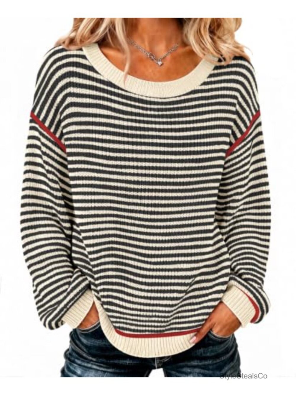 Oversized Striped Pullover Sweater Crew Neck Long Sleeve Knit Tunic
